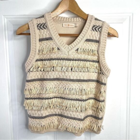 Tory Burch Women's Cream Jacquard Fringe Wool Sweater Vest Size XS - Picture 1 of 5